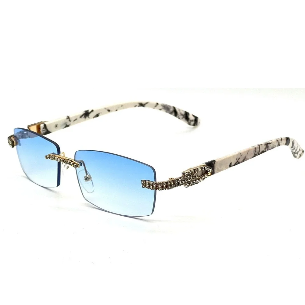 Sunglasses Blue Lens Men Gangster Rhinestone Stud Rimless Rectangle‎ 90s Rapper